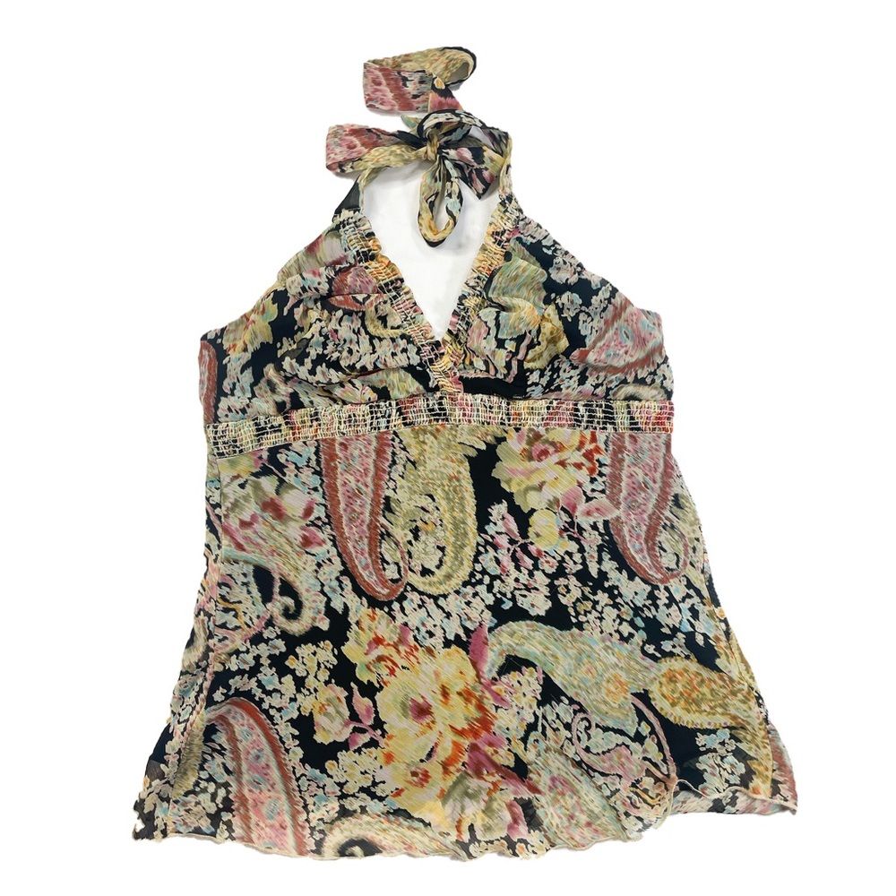 Paisley Soft Boho Halter Top Smocked Bust Sheer Boho Y2K Flowy Tank